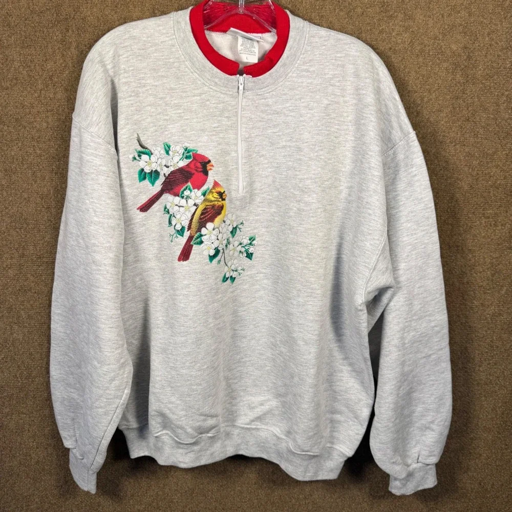 Vintage Morning Sun Sweater Shirt Large Womens 90s Cardinal Bird Grandma USA